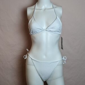 Boohoo Ribbed Tie Triangle Bikini White